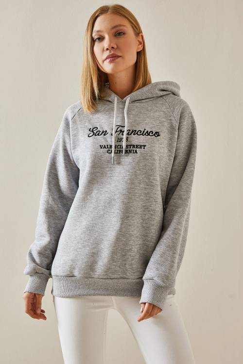 Gri Yazı Detaylı Şardonlu Kapüşonlü Sweatshirt 4KXK8-47599-03 - 2