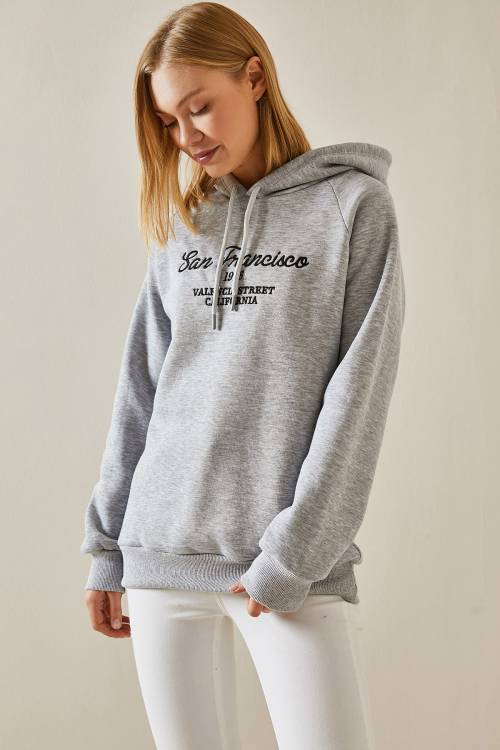Gri Yazı Detaylı Şardonlu Kapüşonlü Sweatshirt 4KXK8-47599-03 - 3