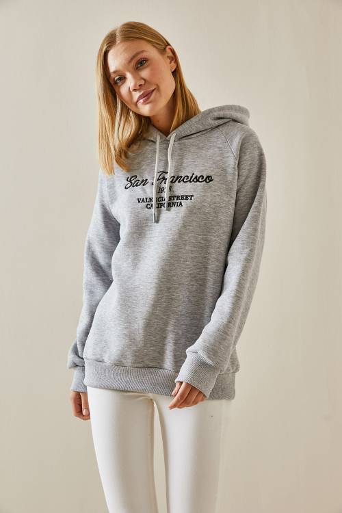 Gri Yazı Detaylı Şardonlu Kapüşonlü Sweatshirt 4KXK8-47599-03 - 4