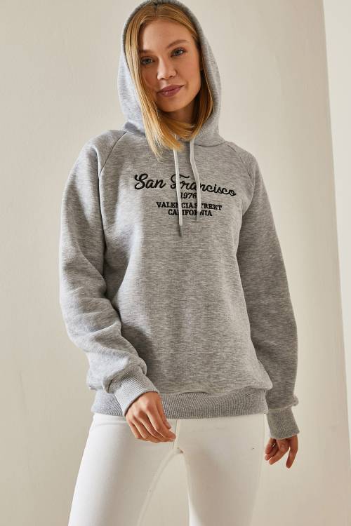 Gri Yazı Detaylı Şardonlu Kapüşonlü Sweatshirt 4KXK8-47599-03 - 5