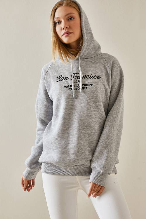 Gri Yazı Detaylı Şardonlu Kapüşonlü Sweatshirt 4KXK8-47599-03 - 6