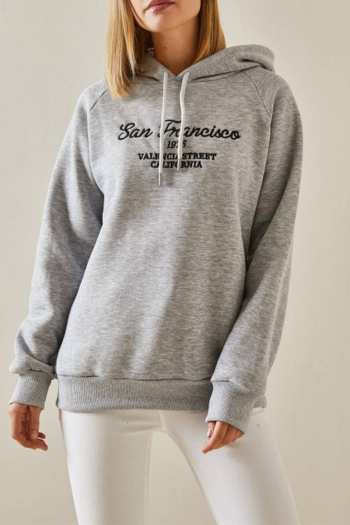 Gri Yazı Detaylı Şardonlu Kapüşonlü Sweatshirt 4KXK8-47599-03 - 1