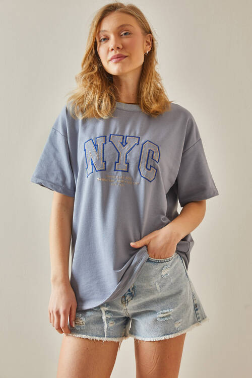 Gri Yazılı Bisiklet Yaka Oversize Tişört 5YXK1-47969-03 - 2