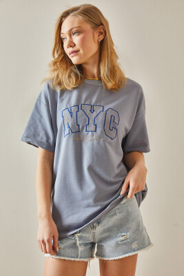 Gri Yazılı Bisiklet Yaka Oversize Tişört 5YXK1-47969-03 - 3