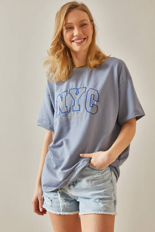 Gri Yazılı Bisiklet Yaka Oversize Tişört 5YXK1-47969-03 - 4