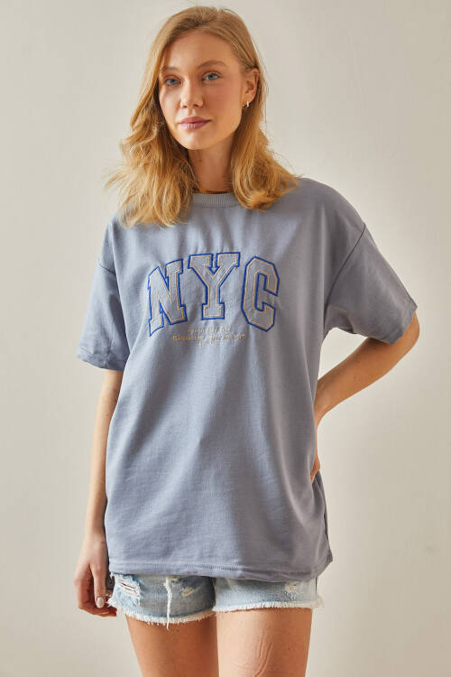 Gri Yazılı Bisiklet Yaka Oversize Tişört 5YXK1-47969-03 - 5