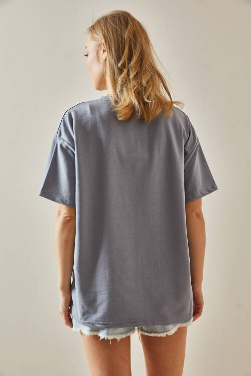 Gri Yazılı Bisiklet Yaka Oversize Tişört 5YXK1-47969-03 - 6