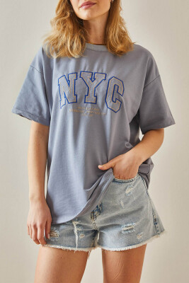 Gri Yazılı Bisiklet Yaka Oversize Tişört 5YXK1-47969-03 