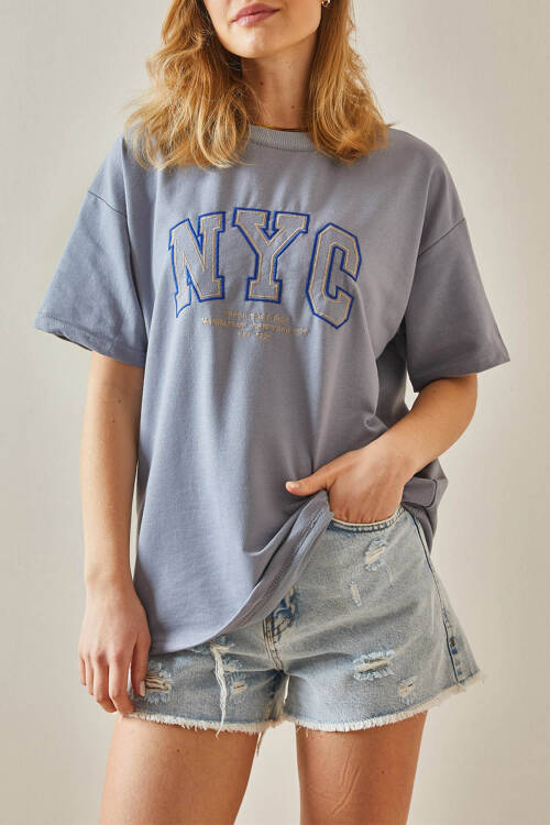 Gri Yazılı Bisiklet Yaka Oversize Tişört 5YXK1-47969-03 - 1