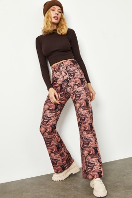 Gül Kurusu Batik Desen Yüksek Bel İspanyol Paça Pantolon 2KXK5-45734-65 