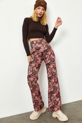 Gül Kurusu Batik Desen Yüksek Bel İspanyol Paça Pantolon 2KXK5-45734-65 - 2