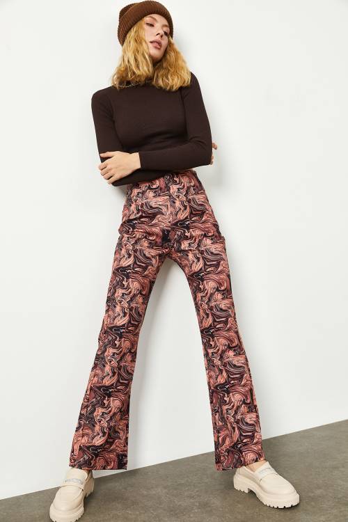 Gül Kurusu Batik Desen Yüksek Bel İspanyol Paça Pantolon 2KXK5-45734-65 - 3