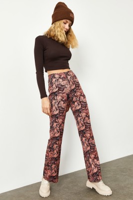 Gül Kurusu Batik Desen Yüksek Bel İspanyol Paça Pantolon 2KXK5-45734-65 - 4