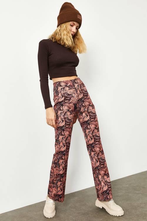 Gül Kurusu Batik Desen Yüksek Bel İspanyol Paça Pantolon 2KXK5-45734-65 - 4