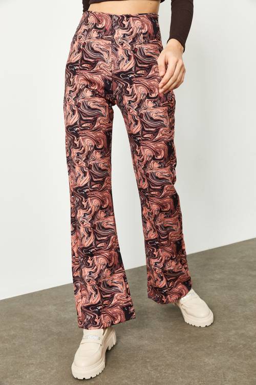 Gül Kurusu Batik Desen Yüksek Bel İspanyol Paça Pantolon 2KXK5-45734-65 - 5