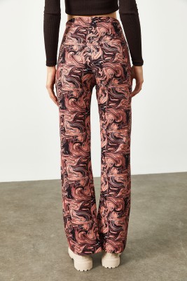 Gül Kurusu Batik Desen Yüksek Bel İspanyol Paça Pantolon 2KXK5-45734-65 - 6