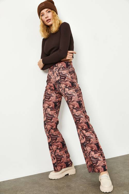 Gül Kurusu Batik Desen Yüksek Bel İspanyol Paça Pantolon 2KXK5-45734-65 - 7