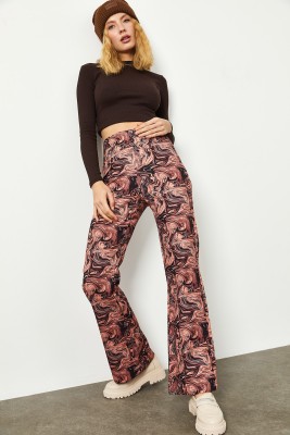 Gül Kurusu Batik Desen Yüksek Bel İspanyol Paça Pantolon 2KXK5-45734-65 - 8