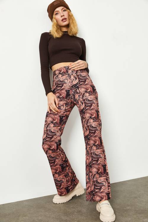 Gül Kurusu Batik Desen Yüksek Bel İspanyol Paça Pantolon 2KXK5-45734-65 - 8