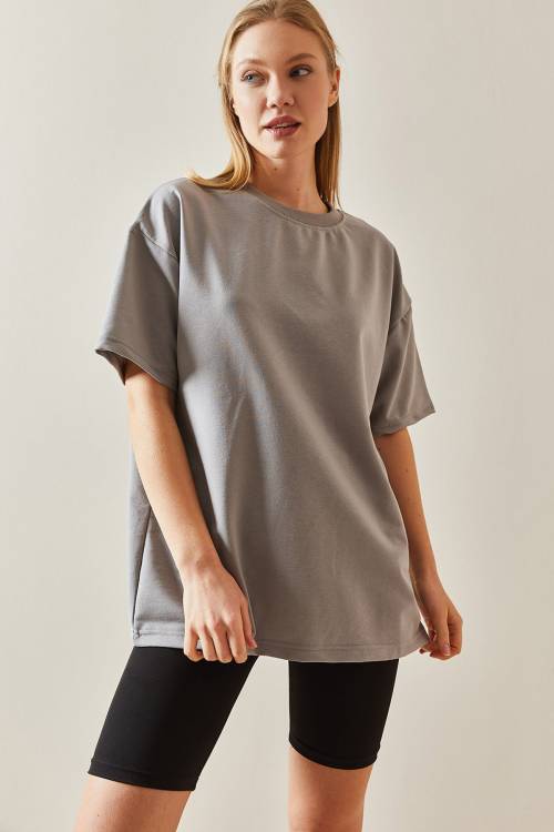 Gümüş Oversize Basic Tişört 3YXK1-47087-23 - 2
