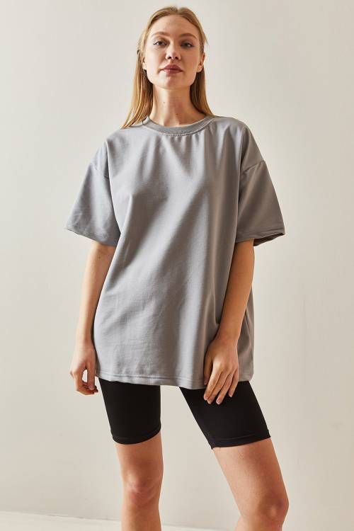 Gümüş Oversize Basic Tişört 3YXK1-47087-23 - 3