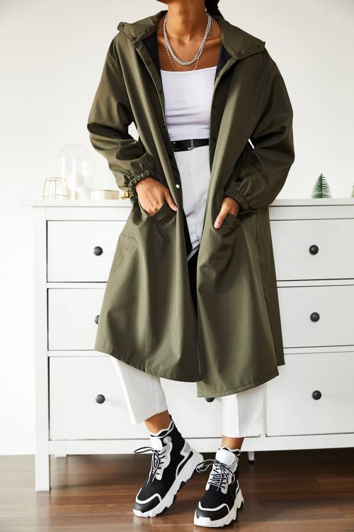 Haki Çıtçıtlı Kapüşonlu Uzun Yağmurluk 2KXK4-45521-09 - 7