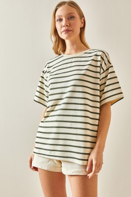 Haki Çizgili & Bisiklet Yaka Oversize Tişört 4KXK1-47928-09 - 2