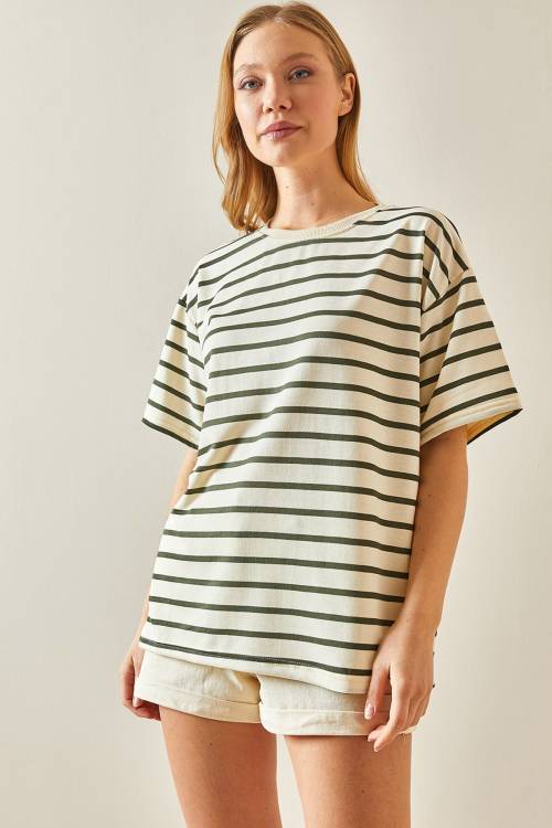Haki Çizgili & Bisiklet Yaka Oversize Tişört 4KXK1-47928-09 - 2
