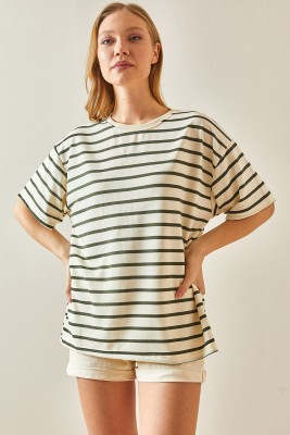 Haki Çizgili & Bisiklet Yaka Oversize Tişört 4KXK1-47928-09 - 3