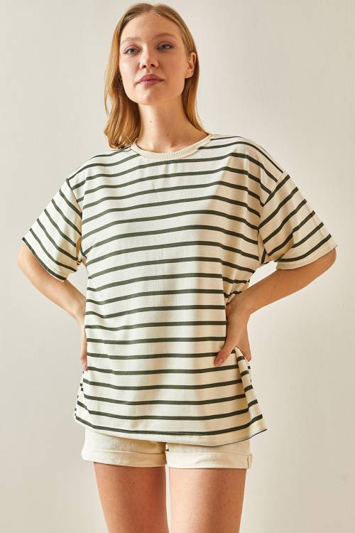 Haki Çizgili & Bisiklet Yaka Oversize Tişört 4KXK1-47928-09 - 3