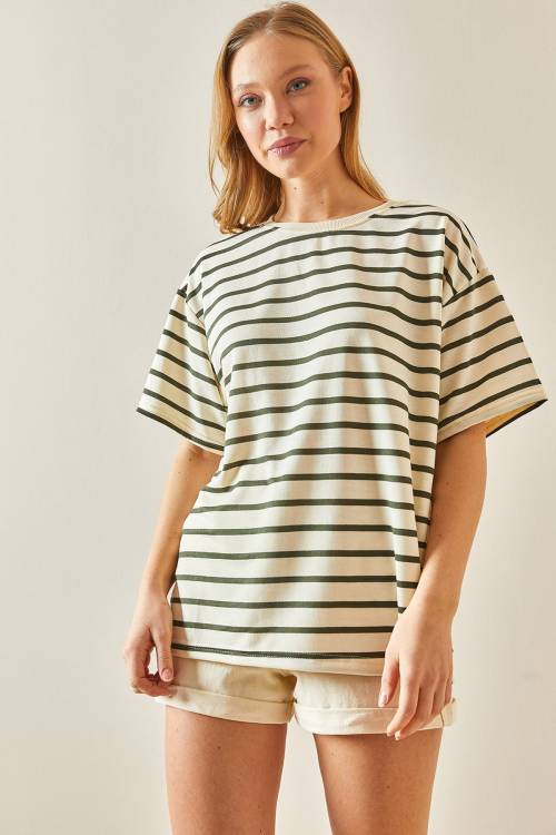 Haki Çizgili & Bisiklet Yaka Oversize Tişört 4KXK1-47928-09 - 4