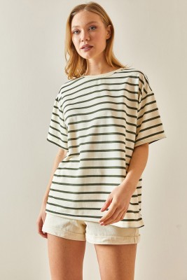 Haki Çizgili & Bisiklet Yaka Oversize Tişört 4KXK1-47928-09 - 5