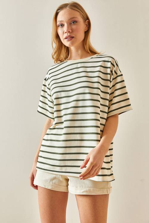 Haki Çizgili & Bisiklet Yaka Oversize Tişört 4KXK1-47928-09 - 5