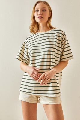Haki Çizgili & Bisiklet Yaka Oversize Tişört 4KXK1-47928-09 - 6
