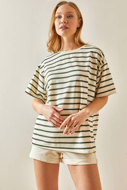 Haki Çizgili & Bisiklet Yaka Oversize Tişört 4KXK1-47928-09 - 6