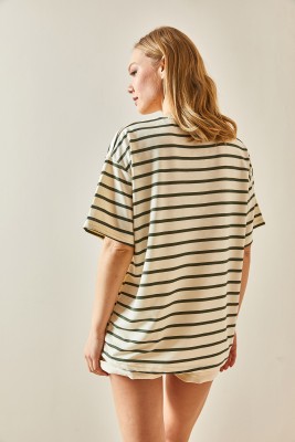 Haki Çizgili & Bisiklet Yaka Oversize Tişört 4KXK1-47928-09 - 7