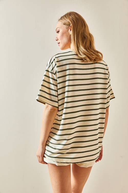 Haki Çizgili & Bisiklet Yaka Oversize Tişört 4KXK1-47928-09 - 7