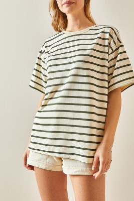 Haki Çizgili & Bisiklet Yaka Oversize Tişört 4KXK1-47928-09 
