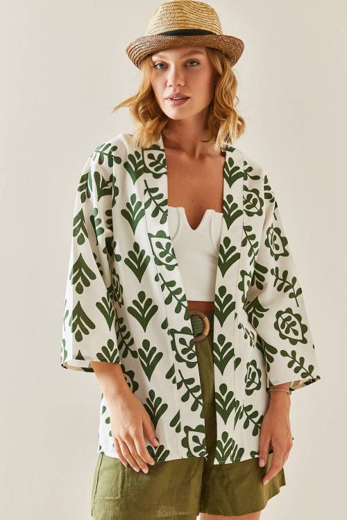 Haki Desenli Oversize Keten Kimono 3YXK4-47500-09 - 2
