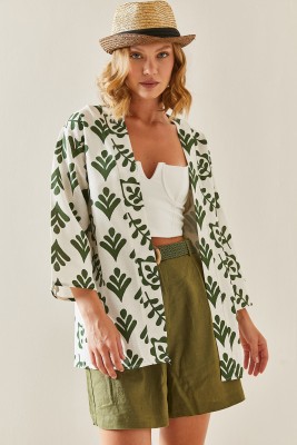 Haki Desenli Oversize Keten Kimono 3YXK4-47500-09 - 3