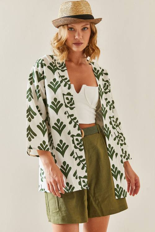 Haki Desenli Oversize Keten Kimono 3YXK4-47500-09 - 3
