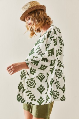 Haki Desenli Oversize Keten Kimono 3YXK4-47500-09 - 4