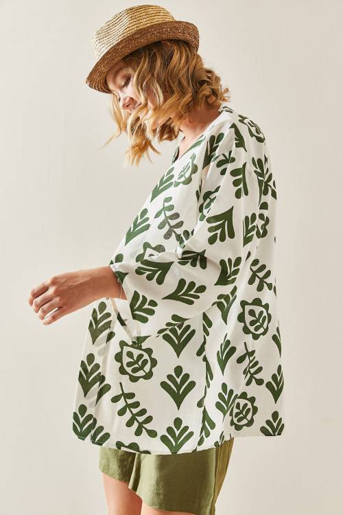 Haki Desenli Oversize Keten Kimono 3YXK4-47500-09 - 4