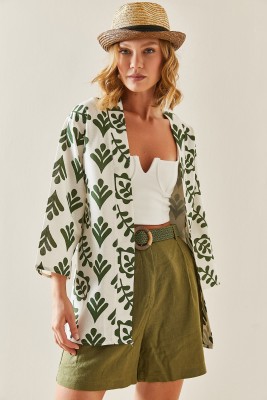 Haki Desenli Oversize Keten Kimono 3YXK4-47500-09 - 5