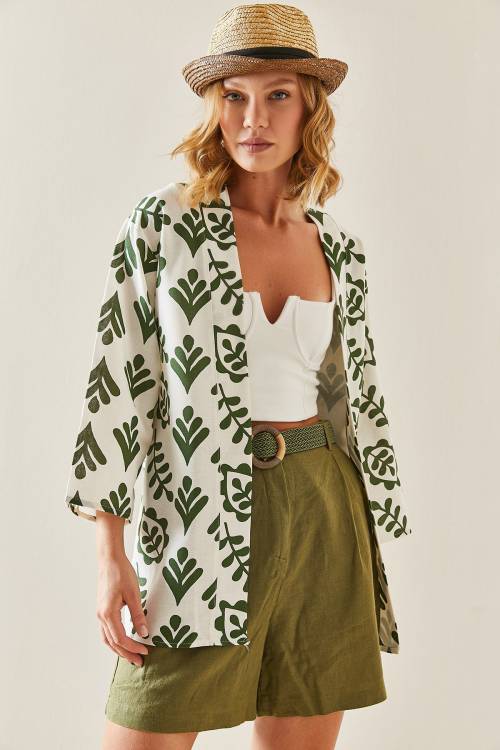 Haki Desenli Oversize Keten Kimono 3YXK4-47500-09 - 5