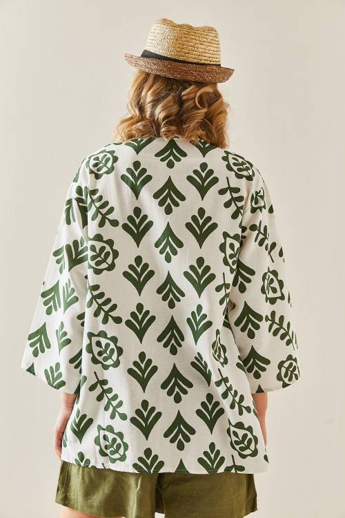 Haki Desenli Oversize Keten Kimono 3YXK4-47500-09 - 6