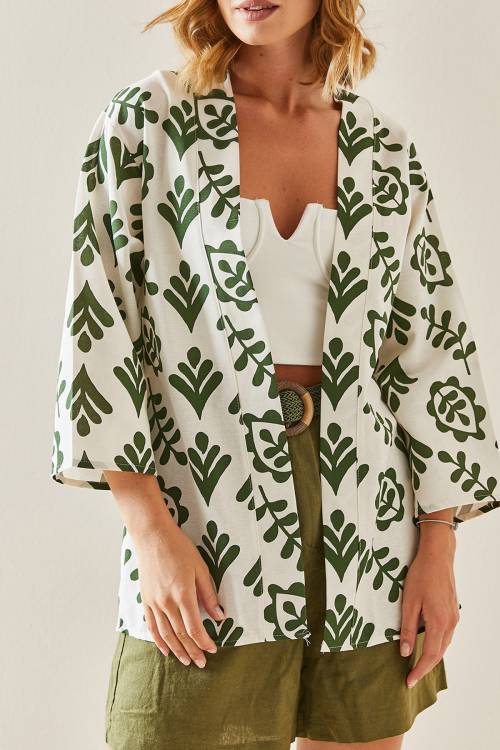 Haki Desenli Oversize Keten Kimono 3YXK4-47500-09 - 1