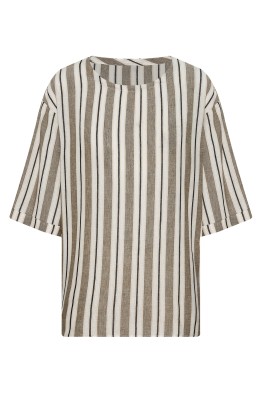 Haki Geniş Yaka Çizgili Oversize Keten Tişört 2YXE2-45966-09 - 1