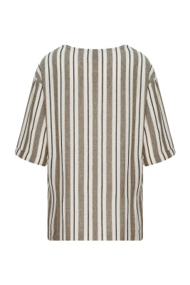Haki Geniş Yaka Çizgili Oversize Keten Tişört 2YXE2-45966-09 - 3