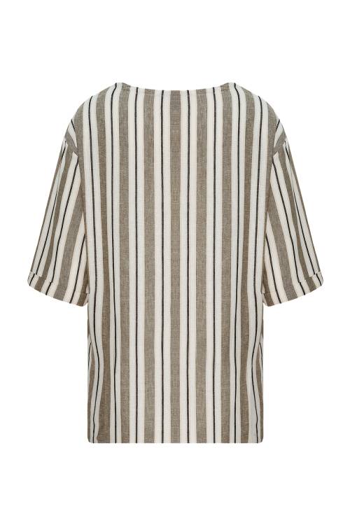 Haki Geniş Yaka Çizgili Oversize Keten Tişört 2YXE2-45966-09 - 3